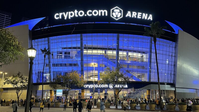 Crypto.com Arena exterior illuminated at night