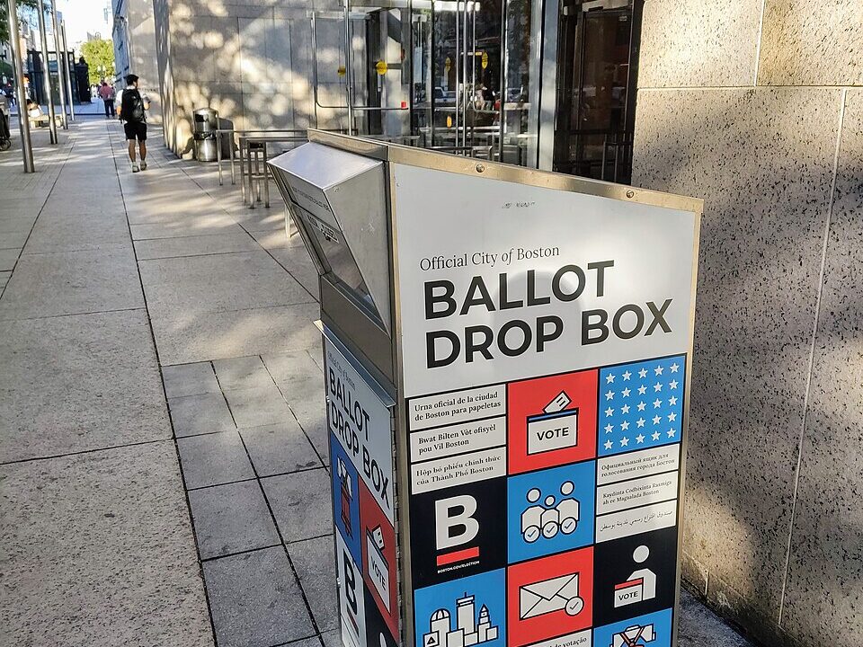 Official City of Boston ballot drop box on a city sidewalk