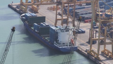 Container ship at a cargo port terminal