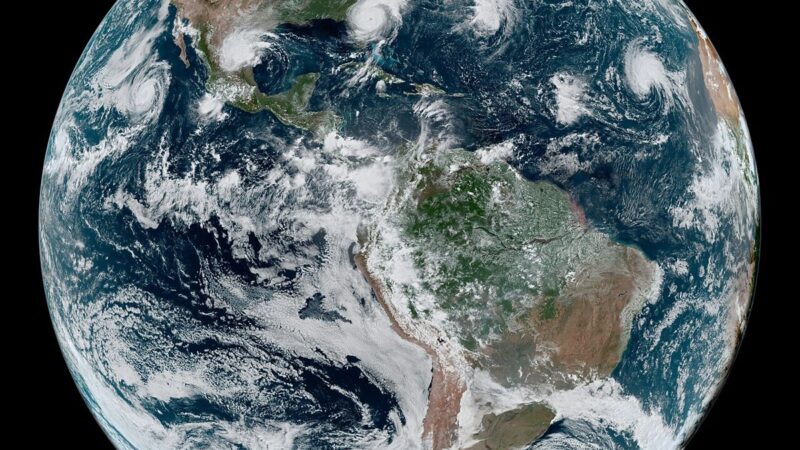 Satellite view of a tropical storm over the ocean