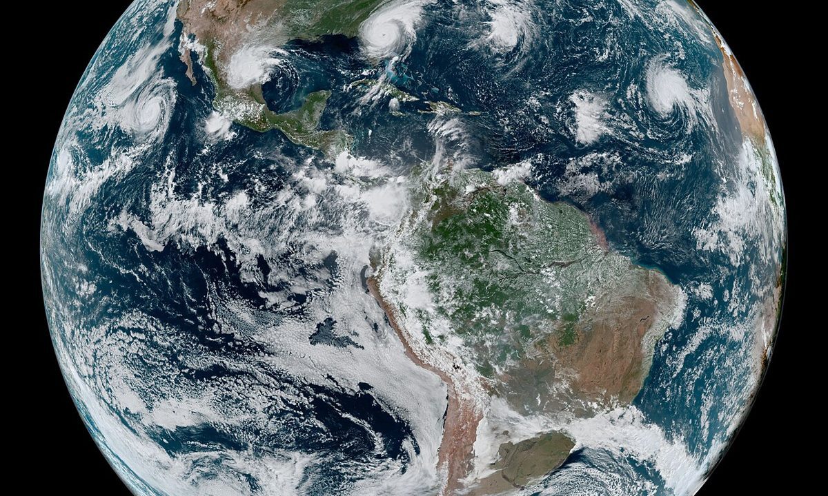 Satellite view of tropical storm systems over the oceans
