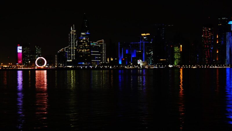 Doha Qatar skyline night waterfront city lights