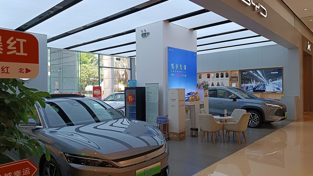 BYD electric cars on display inside a showroom in Shenzhen, China, the market leader as EVs hit record share