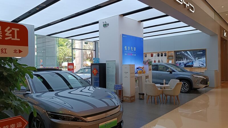 BYD electric cars on display inside a showroom in Shenzhen, China, the market leader as EVs hit record share