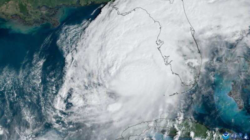 Satellite view of a hurricane crossing the Gulf of Mexico